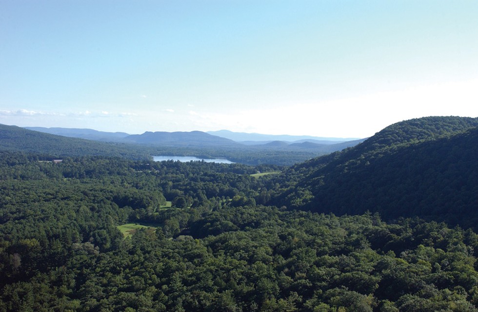 An aerial shot of Yokun Ridge on the right and the Stockbridge Bowl and Tanglewood in the distance.