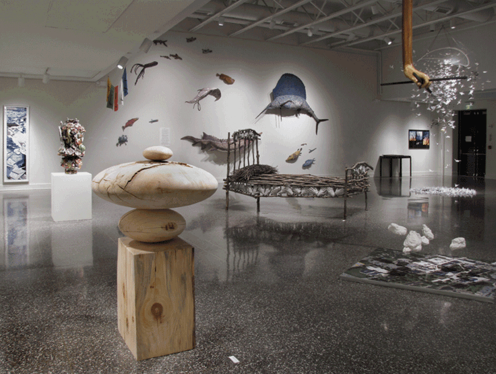 An installation view of “Dear Mother Nature” at the Dorsky Museum with works by Paul Stewart, Jim Holl, Joan Bankemper, Meadow, Claire Lambe, Ellen Levy, Sherry Williams, Leila Goldthwaite, Ilse Schreiber-Noll, and Susan Quasha.