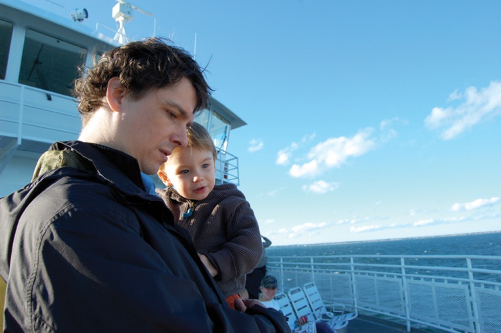 Donovan Hohn and son Bruno on the ferry from Woods Hole to Vineyard Haven.