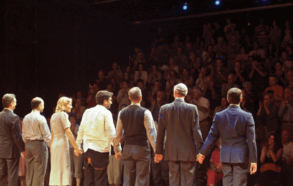 The cast of Joe Gilford's "Finks," from the 2008 Powerhouse season, including Josh Radnor and Jennifer Westfeldt, takes at bow at Vassar &amp; New York Stage and Film's Powerhouse Theater.
