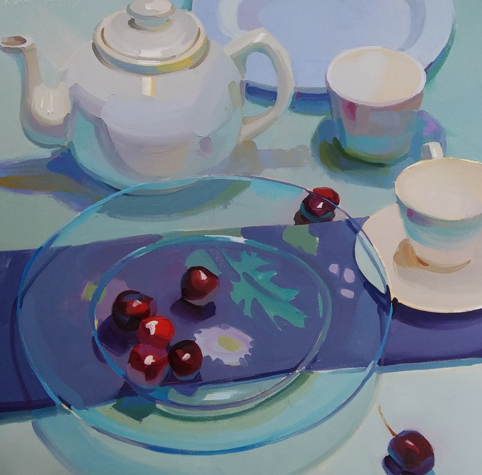 Blue Plate with Cherries by Karen O'Neal