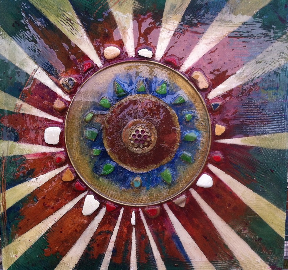 'Earth Mandala'; oil fresco with sand, pottery shards, sea glass and metal; resin finish