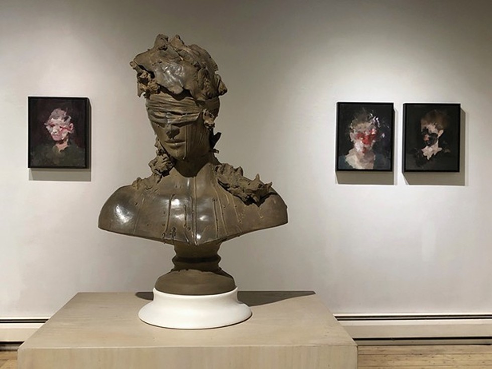 An installation view of Richard Butler’s exhibition of paintings, “amoamasamat,” and Emil Alzamora’s exhibition of sculpture, “On the Royal Road,” at BCB Art in Hudson.