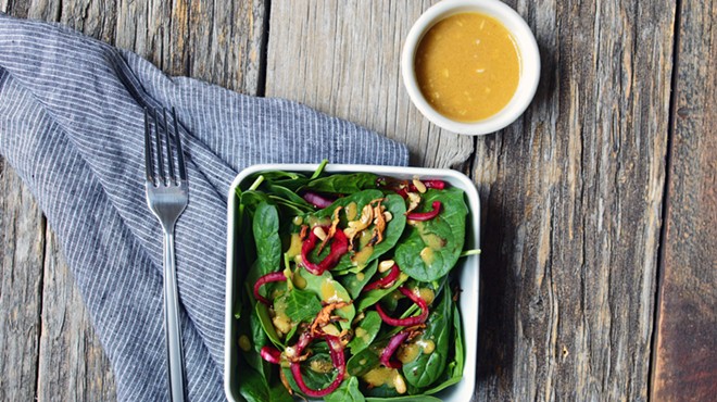 Recipe: Baby Spinach Salad with Beet Pickled Shallots and Shiitake “Bacon”