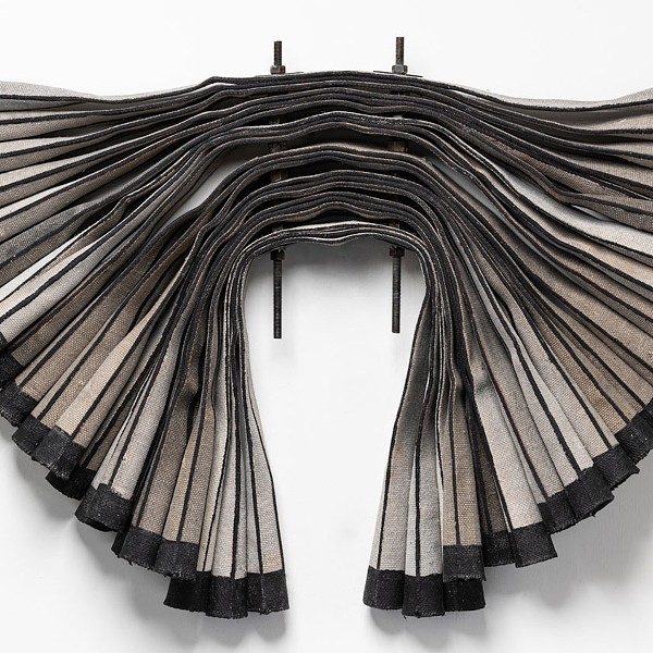 Brenda Mallory, Firehose Experiment #13 (bioform), (2019). Linen firehoses, paint, threaded rods, washers and bolts.