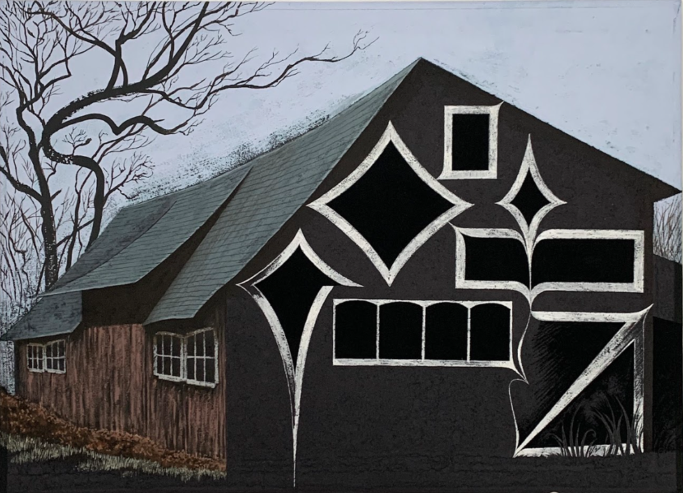 'Shadow Shack', 2023, gouache and acrylic on book cover, 9 ⅜&rdquo; x 13&rdquo;