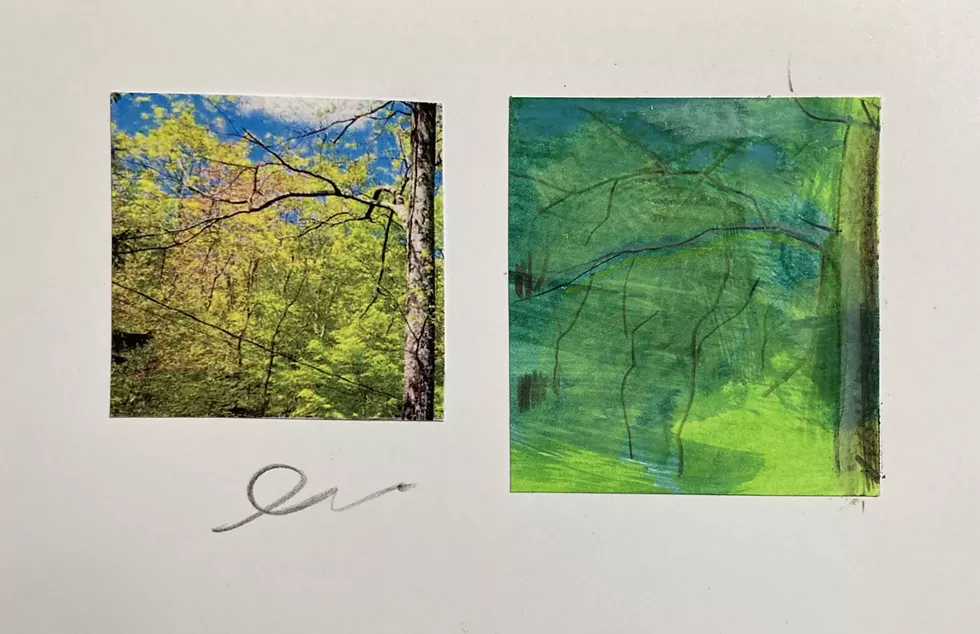 Mixed-media collage: abstracted image on right (watercolor, colored pencil & graphite) based on photo on left