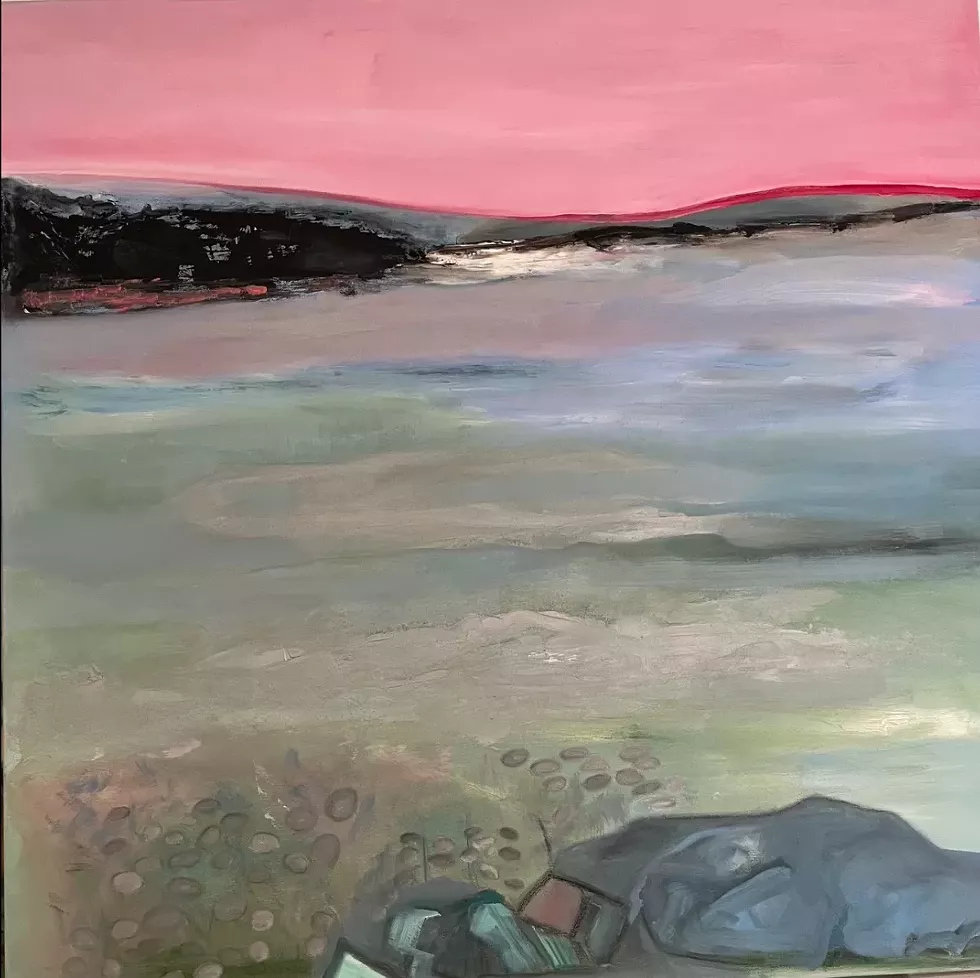 View from Kingston-Rhinecliff Bridge 36x36,&rdquo; mixed media and oil