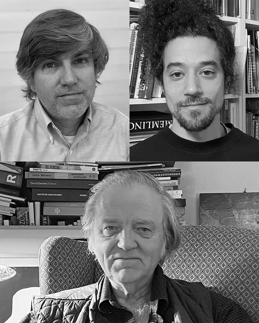 Black and white images of panel members. Top left: artist Kevin Ford. Top right: artist Daniel Herwitt. Bottom: art academic Robert Storr.