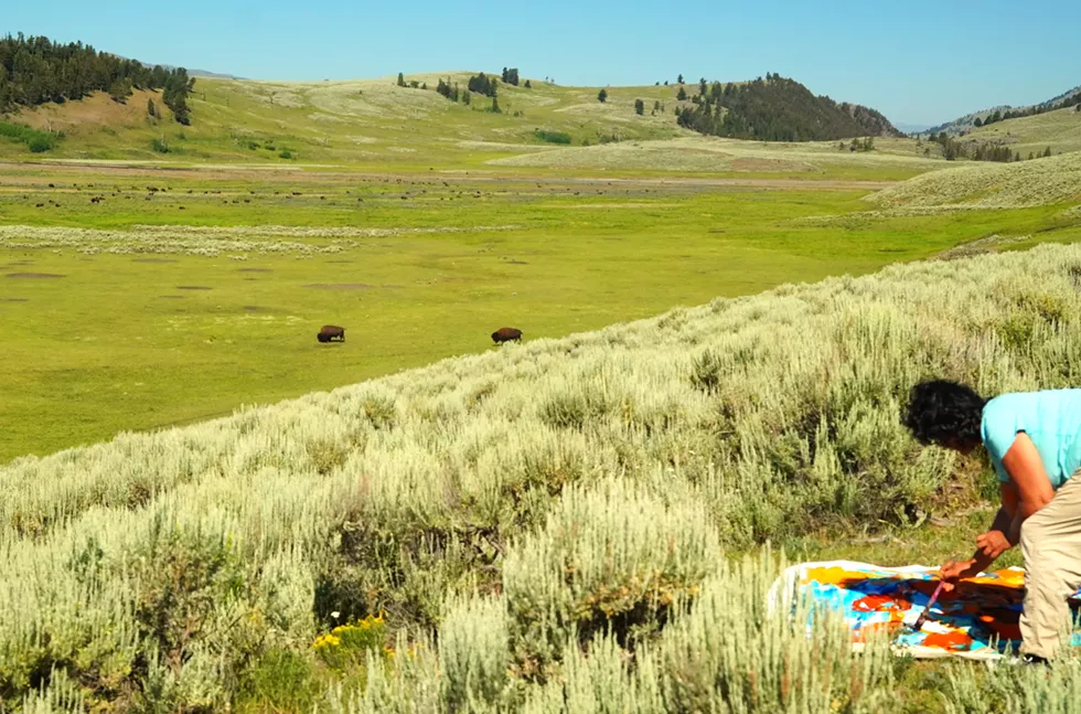 Artist, Moshgan Rezania plein air painting Bison- Yellowstone National Park Summer 2025