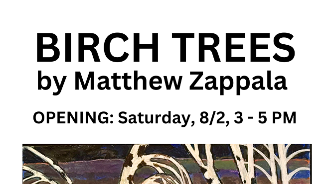 Image: August Exhibitions at Arts Society of Kingston (ASK) Birch Trees by Matthew Zappala & Kingston Artists Soapbox Derby Poster Design Exhibit August 2&ndash;31, 2025