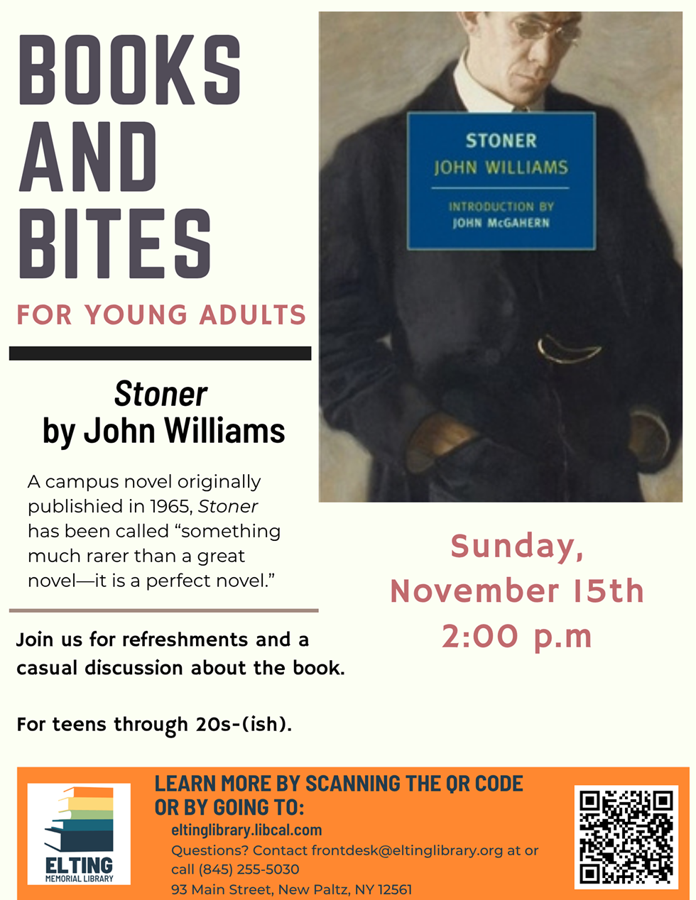 Books and Bites for Young Adults: Discussion of Stoner at Elting Library in New Paltz