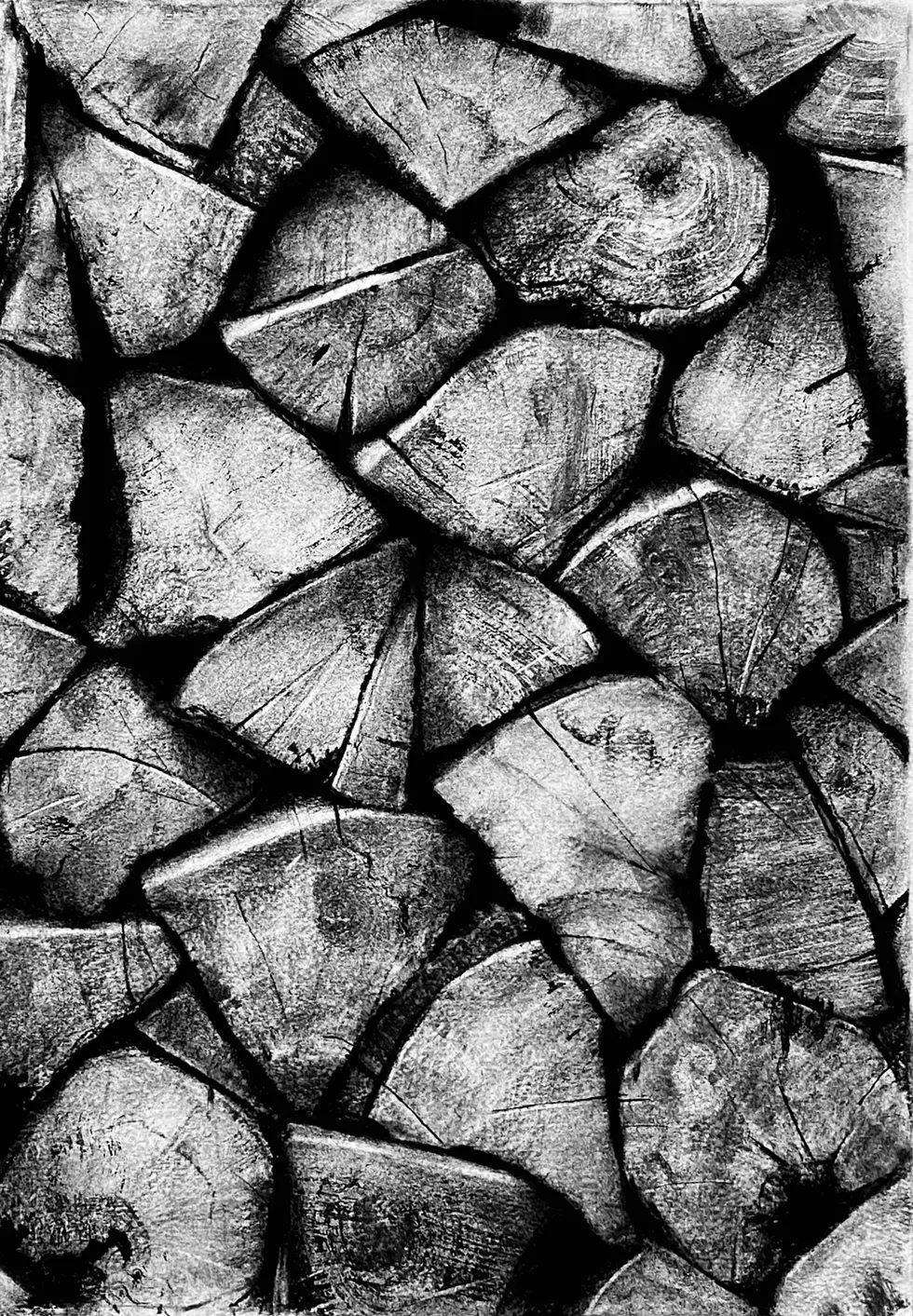 David Soman, Woodpile IX, 2025, charcoal on paper.