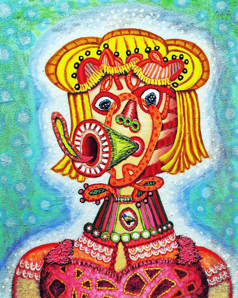 Cathy Wysocki, Expeller of Erroneous Thought, 2022, acrylic, collage, sand, beads, glitter on canvas, 20 x 16 inches