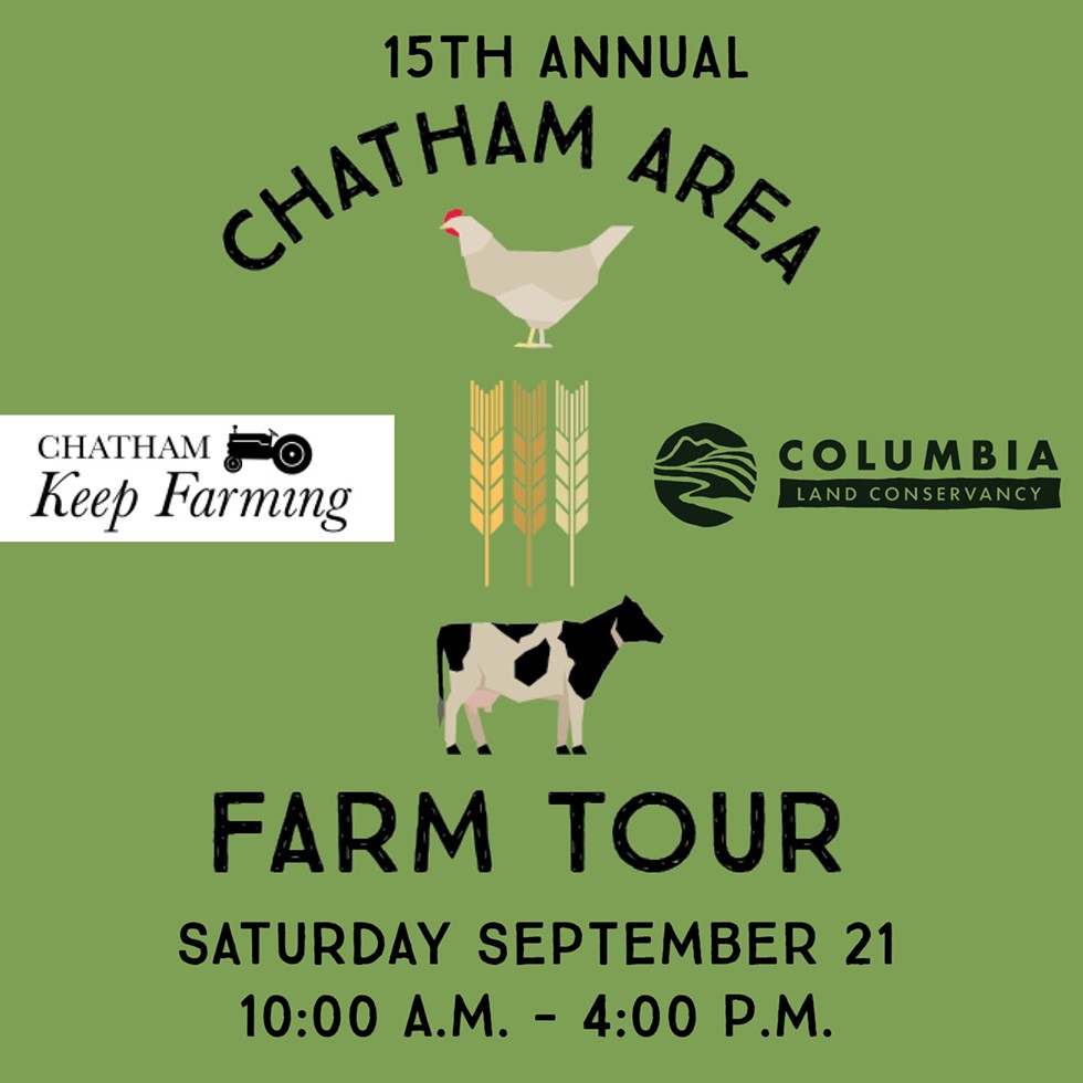 A cow, hay, and chicken drawing on a green background that says 15th annual Chatham Area Farm Tour Saturday, September 21 10:00 a.m. to 4:00 p.m.