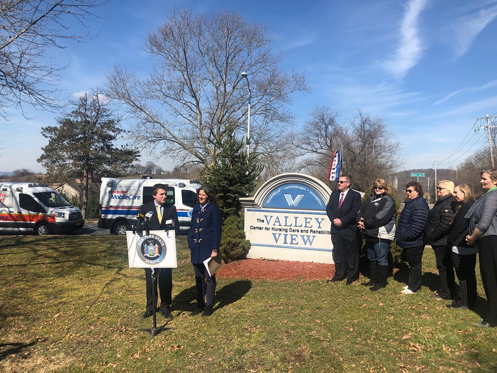 State Senators James Skoufis and Jen Metzger announcing disability funding last year at the Valley View Center in Goshen. The nursing home has been hit hard by COVID-19 this month.