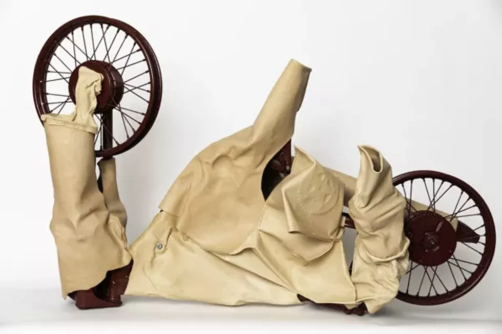 Sculpture by DAN DEVINE "Rider", 2021, Molded and stitched leather and painted motorcycle, 42" x 66" x 30&rdquo;