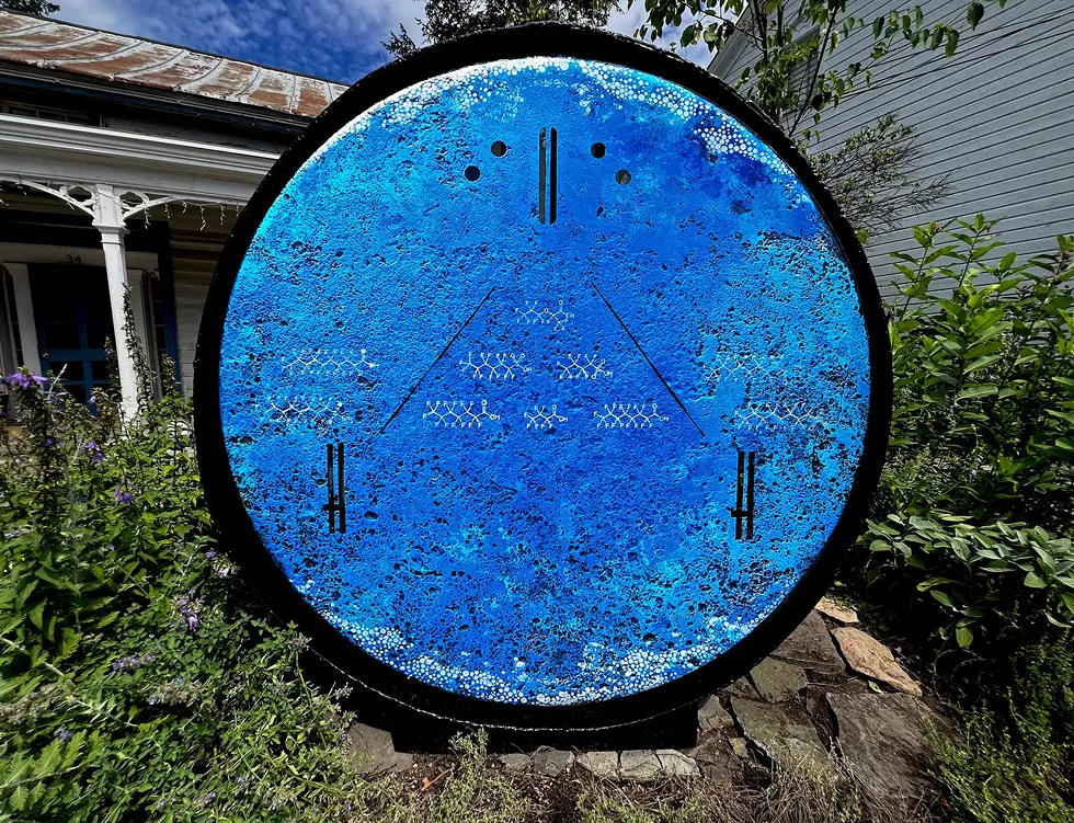 Ian Laughlin, Bio-Sphere, 2024 installed in front of the Woodstock Byrdcliffe Guild's Office complex located at 34 Tinker St. Woodstock, NY