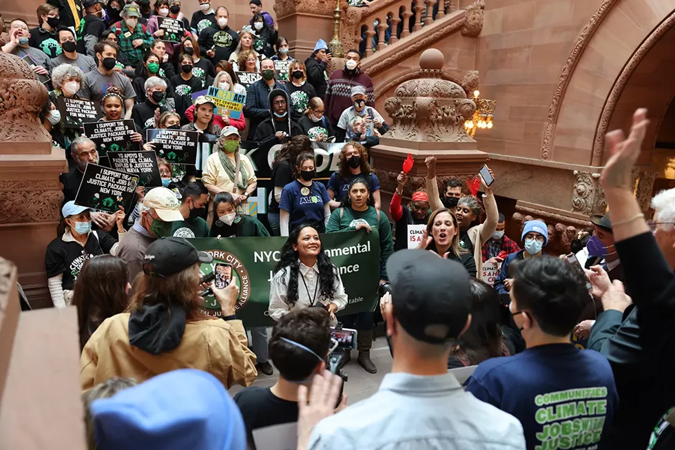 Assemblymember Sarahana Shrestha speaks at an Environmental Justice rally in the Capitol Building, Albany NY.