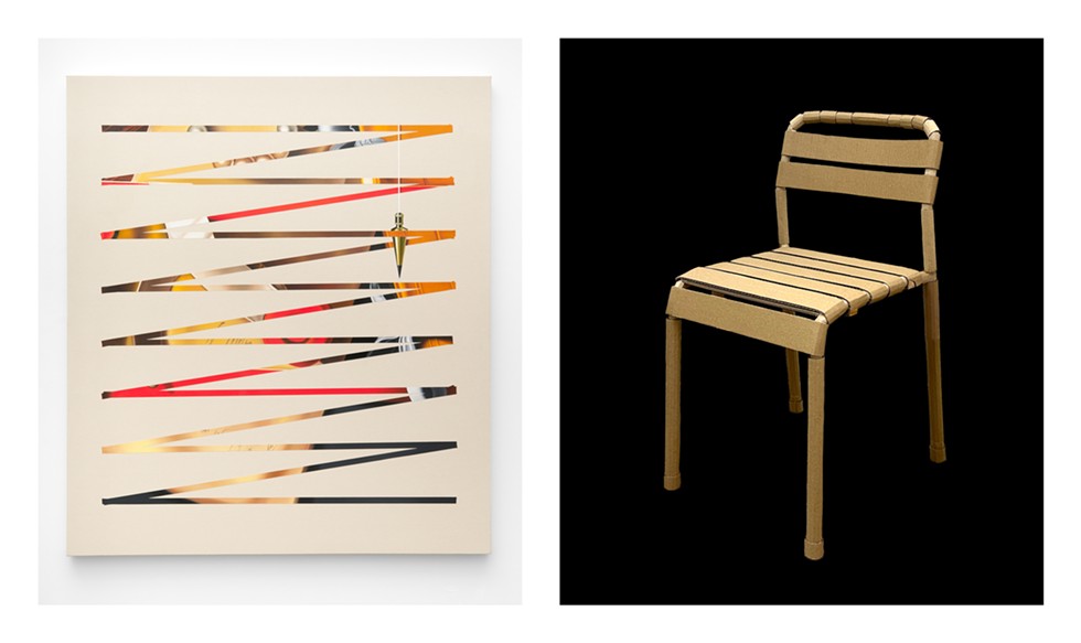 Left: Evan Halter, Letter Rack with Plumb Bob (After Samuel Dirksz van Hoogstraten), 2024, oil on canvas over wood panel, 48 x 42.5 inches. Right: Kristen Mills, Cardboard Chair 1 of the Triplets, 2024, Cardboard, tape, glue, and chair, 30.5 x 17 x 18 inches.