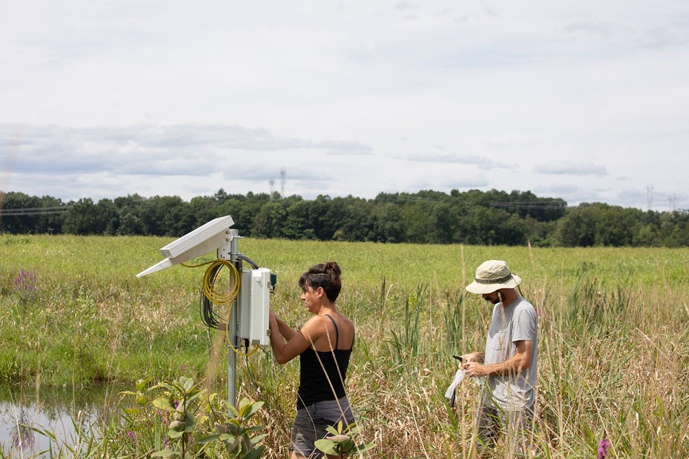 Hudson Carbon&#146;s lab manager, Lily Timpane, and managing director Matt Sheffer prepare to install a water sensor.