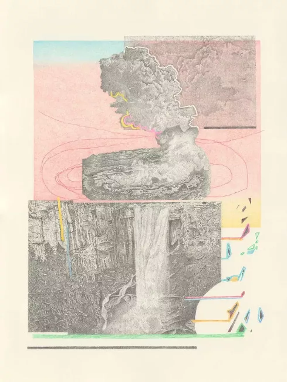Split falls, Joey Parlett, 2023, ink and colored pencil on paper, 30 x 22 inches