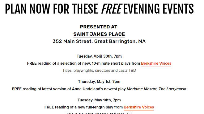 FREE EVENING EVENTS PRESENTED AT SAINT JAMES PLACE, Great Barrington Public Theater