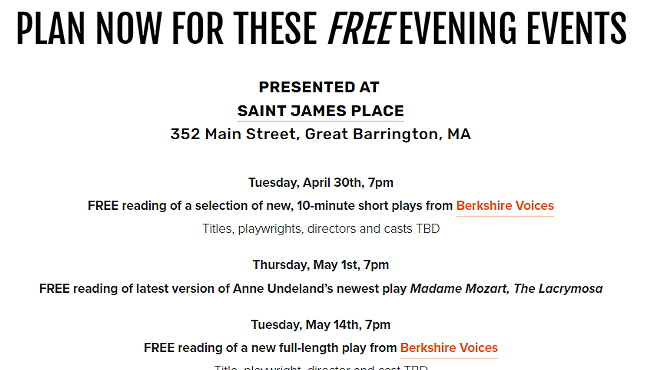 Image: FREE EVENING EVENTS PRESENTED AT SAINT JAMES PLACE, Great Barrington Public Theater