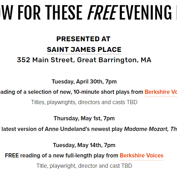 FREE EVENING EVENTS PRESENTED AT SAINT JAMES PLACE, Great Barrington Public Theater