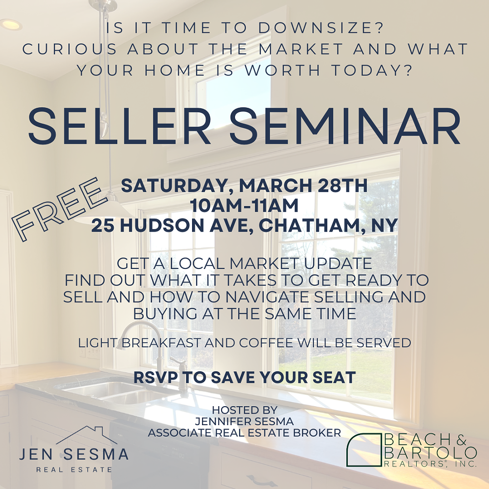 Thinking of selling your home? Join Jennifer Sesma at Beach & Bartolo in Chatham for a FREE Seller Seminar. Learn about ROI-focused upgrades, home staging, and current market trends in Columbia County. Includes a free market report and light breakfast. RSVP by March 25th!