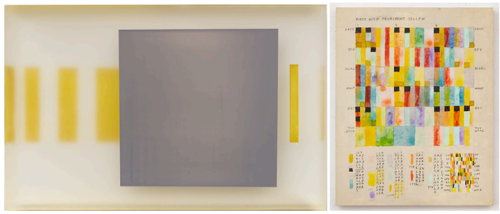 LEFT: Debra Ramsey, Prothonotary Warbler, 2022, 5.25&rdquo; x 8.25&rdquo; x .75&rdquo;, acrylic on cast acrylic panel RIGHT: Leslie Roberts, Birds with Prominent Yellow, 2020, 10&rdquo; x 8&rdquo;, acrylic gouache, colored pencil, ink, graphite on ⅜&rdquo; MDF panel