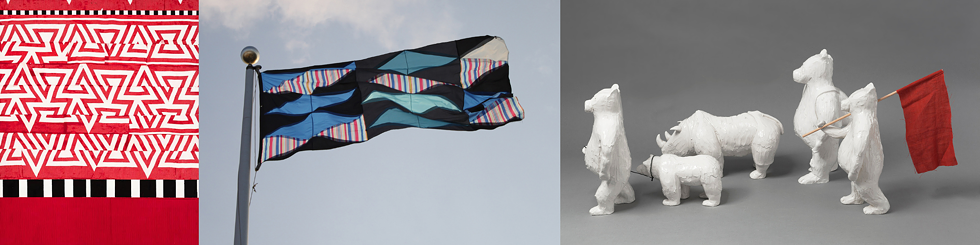 LEFT: Margaret Lanzetta, Locally Specific, 2023, 30" x 24", acrylic, Indian sari fabric and Japanese paper, on panel          MIDDLE: Niki Lederer, Don&rsquo;t Rain on my Parade, 2018, 61&rdquo; x 103&rdquo;, umbrella canopies, nylon thread & webbing, grommets RIGHT: David Packer, On the Move, 2018, 11&rdquo; x 6&rdquo; x 5&rdquo;, ceramic with glaze