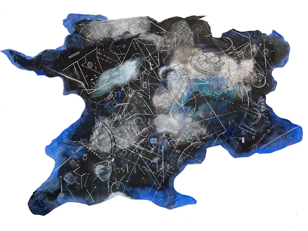 Mapping the Invisible #1, 2021, 77&rdquo; x 112&rdquo;, Acrylic, aluminum enamel, pastel, joint compound on pieced paper