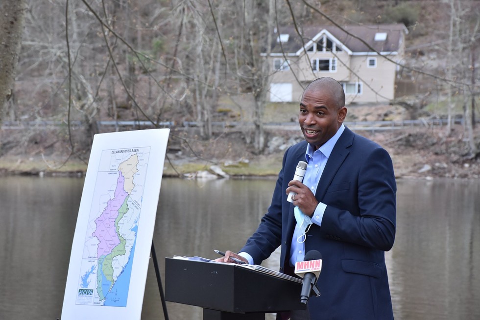 Congressman Antonio Delgado (D-NY) introduces the Delaware River Watershed Congressional Caucus in Callicoon, New York on April 12.