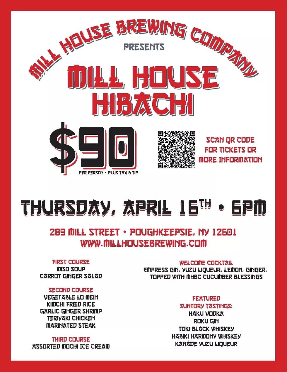 Flyer & Menu for Hibachi Dinner at Mill House