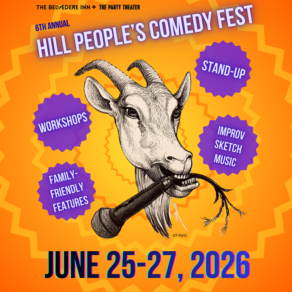 goat eating a microphone with text: Hill People's Comedy Fest