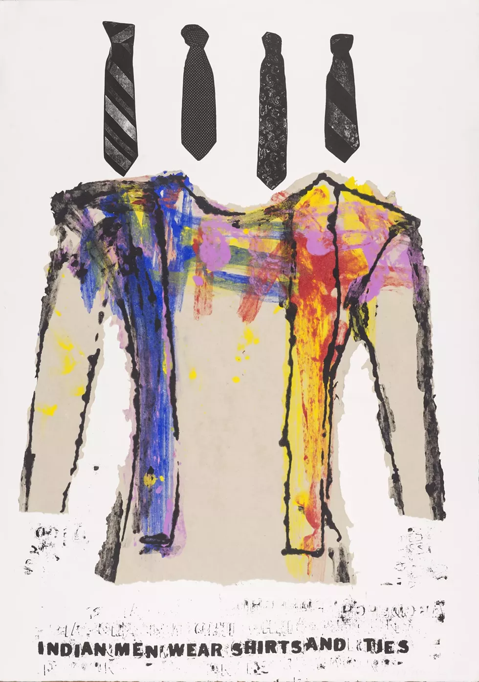 Jaune Quick-To-See Smith&nbsp;(American, Flathead Nation, Salish Tribe, b. 1940), Indian Men Wear Shirts and Ties, Indian People Wear Shoes and Socks, 1997. Lithograph with dyed paper pulp on two sheets of handmade paper (diptych).
