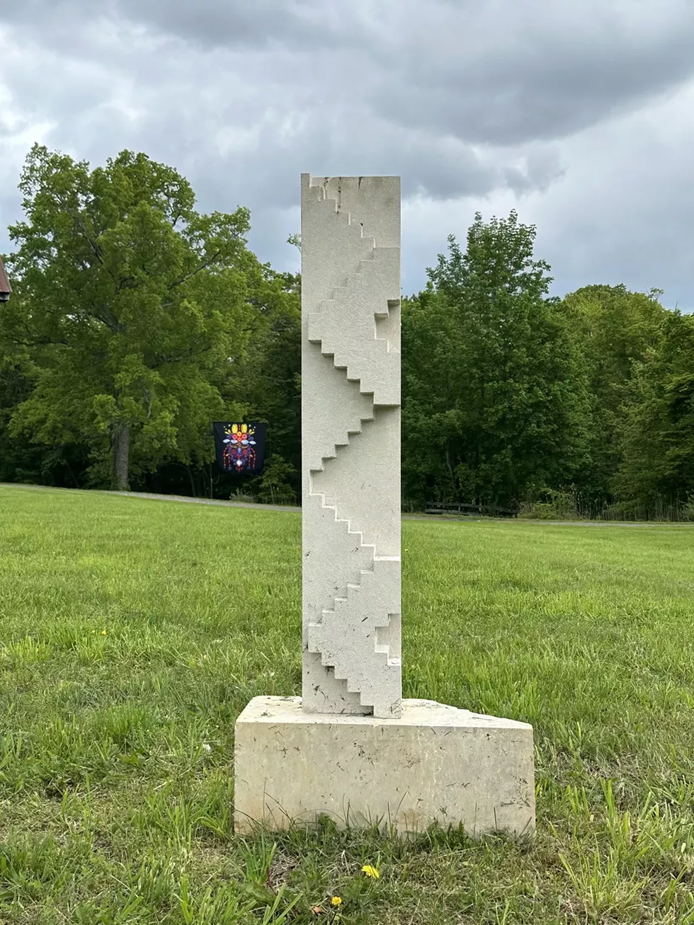 Munson, Portia, Flower Mask, 2020, Printed fabric scrim, 14.5 ft high x 16 ft wide Daisuke, Kiyomiya, Pixel, 2023, Indiana limestone, 42 x 7 &frac34; x 5 &frac14; in.