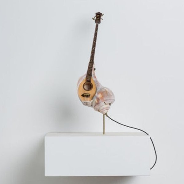 Kazumi Tanaka, She Shall Mandolin, 2016, Channeled whelk shell, wood, metal string, mother of pearl, old piano key, brass, 11.5h x 4w x 3d in