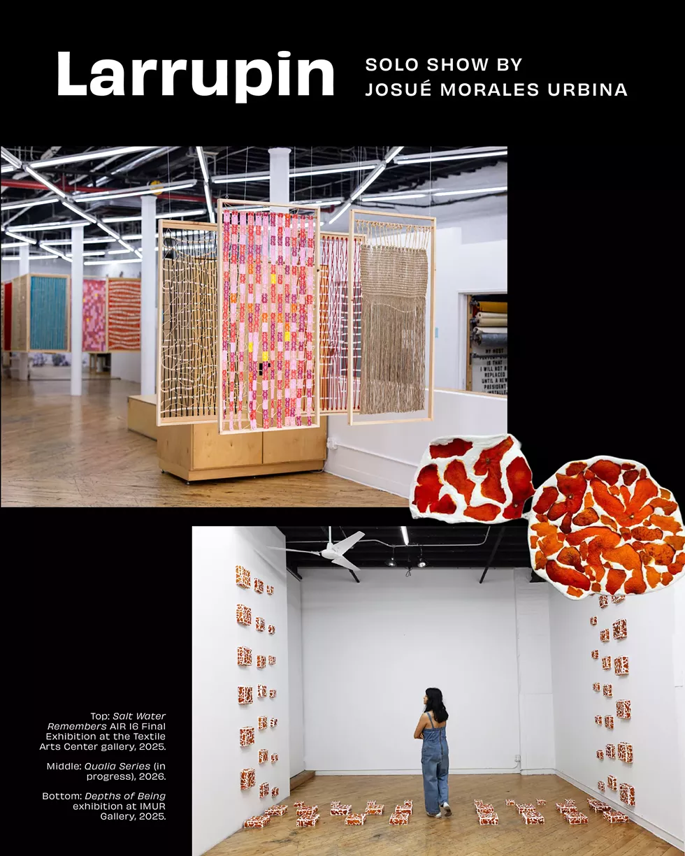 Top: Salt Water Remembers AIR 16 Final Exhibition at the Textile Arts Center gallery, 2025. Middle: Qualia Series (in progress), 2026. Bottom: Depths of Being exhibition at IMUR Gallery, 2025.