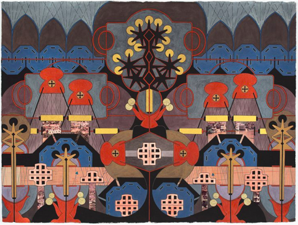 Linda Ganjian, &ldquo;Amasya Heart and Bones&rdquo; 22&rdquo;x30&rdquo;. (mixed media: ink, watercolor, origami paper, patternmaking paper, giclee on paper)
