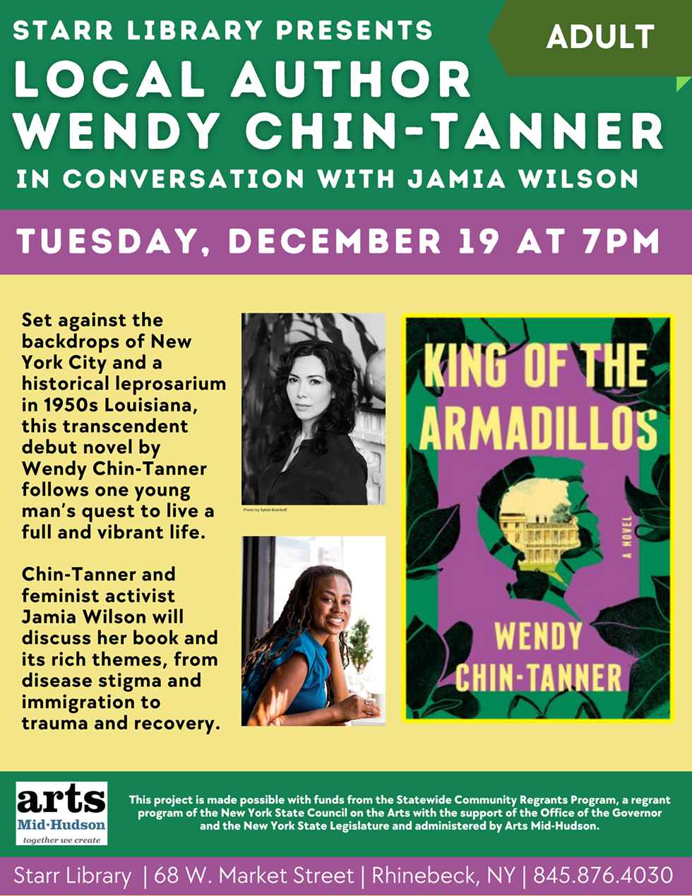 Flyer advertising author talk with Wendy Chin-Tanner and Jamia Wilson at Starr Library on 12/19
