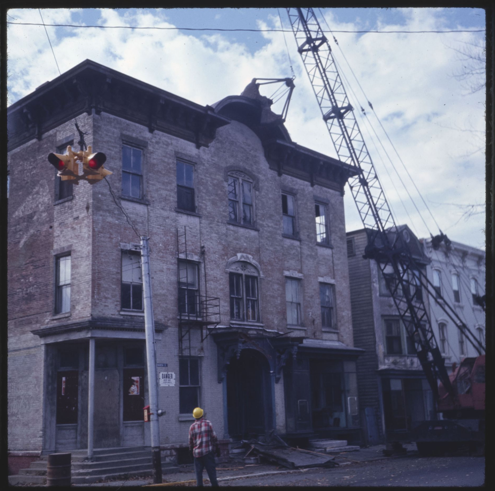 Demolition of a building at Warren and South First Streets in Hudson during urban renewal. Undated.