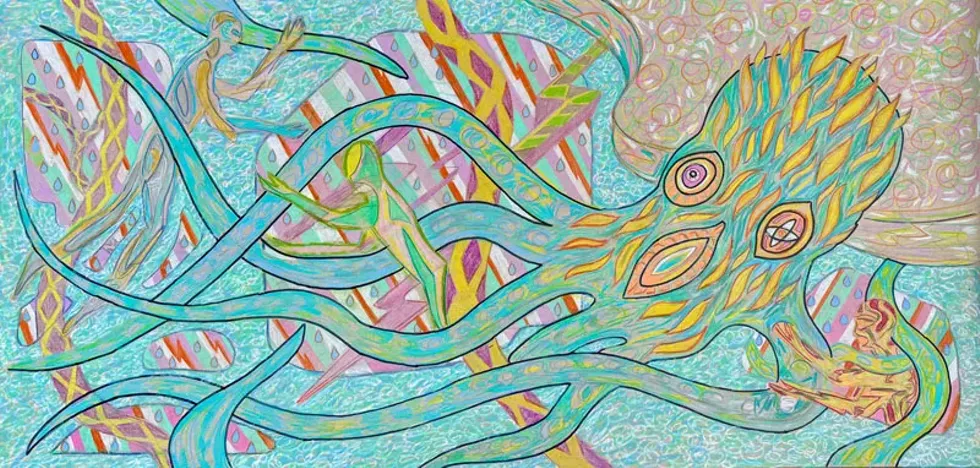 Garden of Unearthly Delights, 1998 to 2025, Cartoon drawings for beaded mural. Prismacolor pencils, 13 Drawings on Poster Board, 24&rdquo;H x 40&rdquo; W