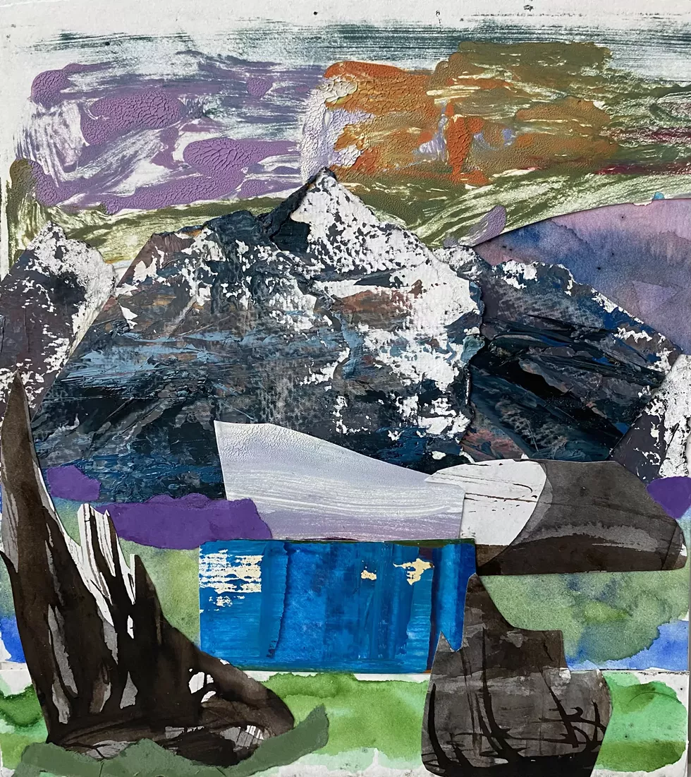 Cross Country, painted paper collage, 15x12" framed