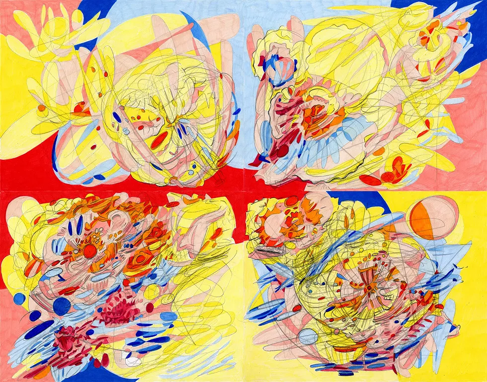 Melissa Marks, Front Back Up Down, 2024, colored pencil on paper, 22 x 28 inches (unframed), 25.75 x 31.75 inches (framed)