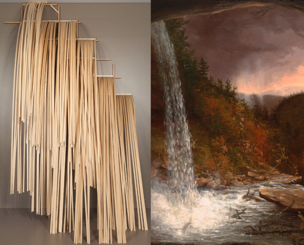 Left: Truman T. Lowe (Ho-Chunk), Waterfall VIII, 2011, wood and metal fasteners, 82 x 80 x 64 in. Denver Art Museum, Native Arts acquisition fund, 2011.430A-N. © Truman T. Lowe. Right: Thomas Cole, Kaaterskill Falls (detail), 1826, oil on canvas, 25 1/4 x 35 1/4 in. Wadsworth Atheneum Museum of Art, Hartford, CT, Bequest of Daniel Wadsworth, 1848.15