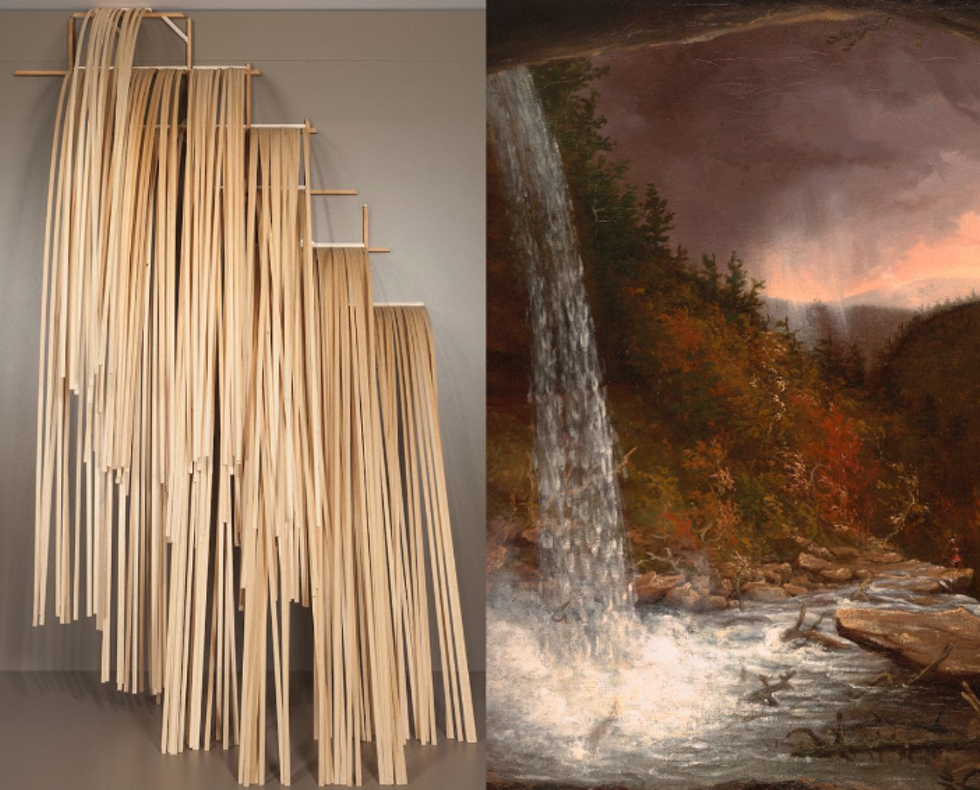 Left: Truman T. Lowe (Ho-Chunk), Waterfall VIII, 2011, wood and metal fasteners, 82 x 80 x 64 in. Denver Art Museum, Native Arts acquisition fund, 2011.430A-N. &copy; Truman T. Lowe. Right: Thomas Cole, Kaaterskill Falls (detail), 1826, oil on canvas, 25 1/4 x 35 1/4 in. Wadsworth Atheneum Museum of Art, Hartford, CT, Bequest of Daniel Wadsworth, 1848.15
