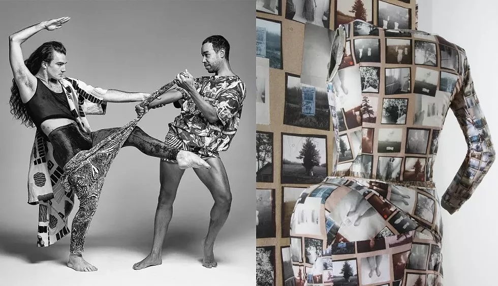 Silas Riener and Rashaun Mitchell, photo by Paola Kudacki for The New Yorker (left), Nearly Stationary (2018) by Barbara Kilpatrick