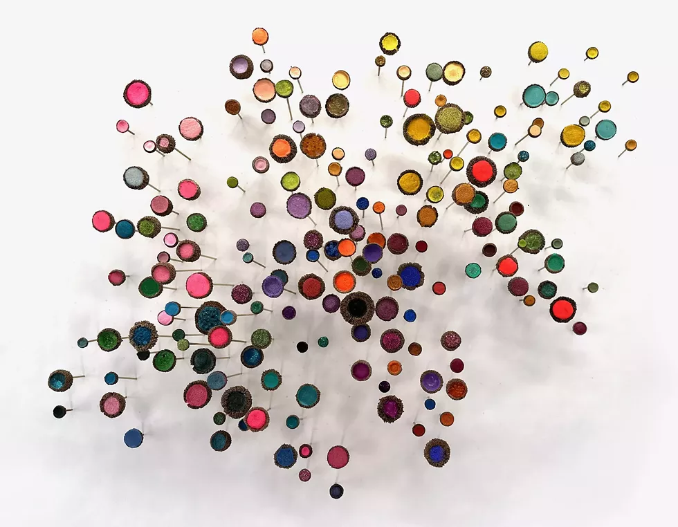 Julie Maren, Bossa Nova, 2026, acrylic, glass, acorn tops, brass, 31 x 42 x 10 inches